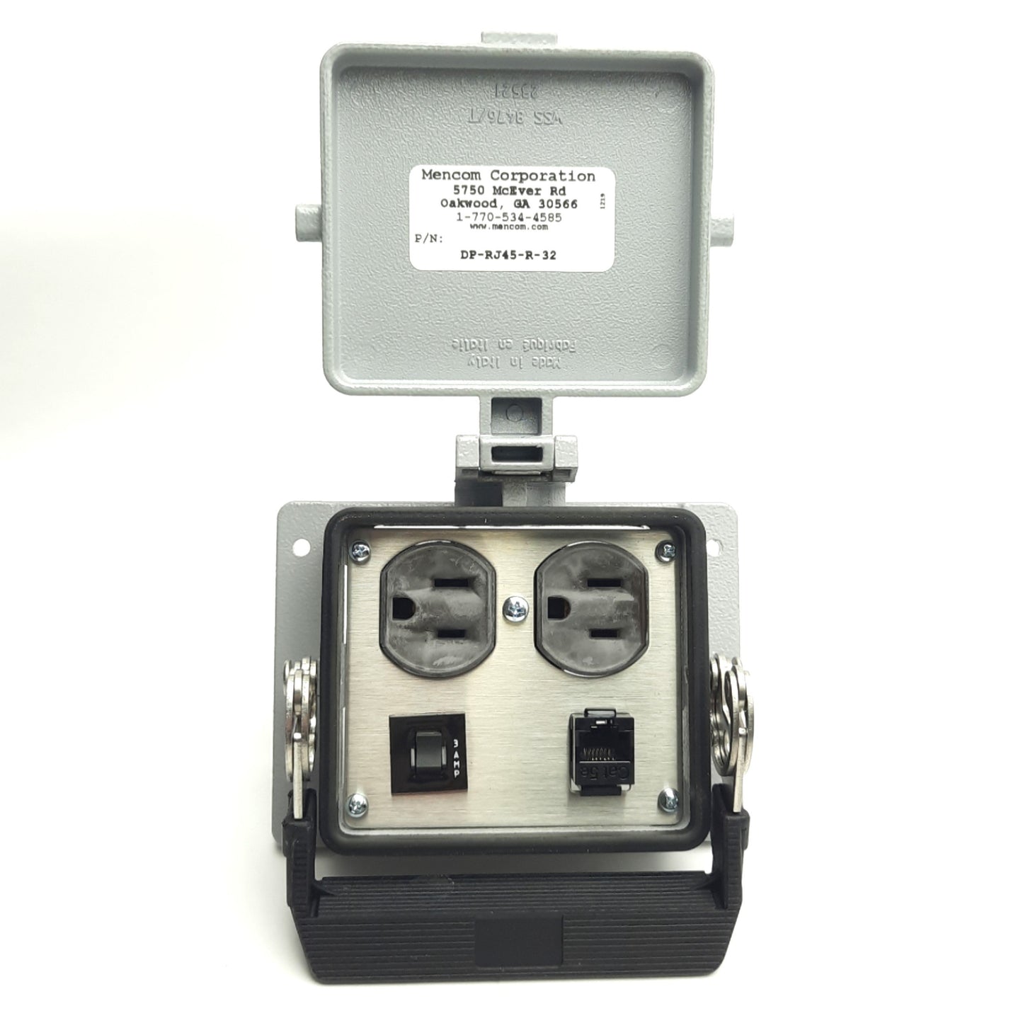 Used Mencom DP-RJ45-R-32 Panel Outlet, 120V Duplex, Size 32 Bulkhead, 3 Amp Reset