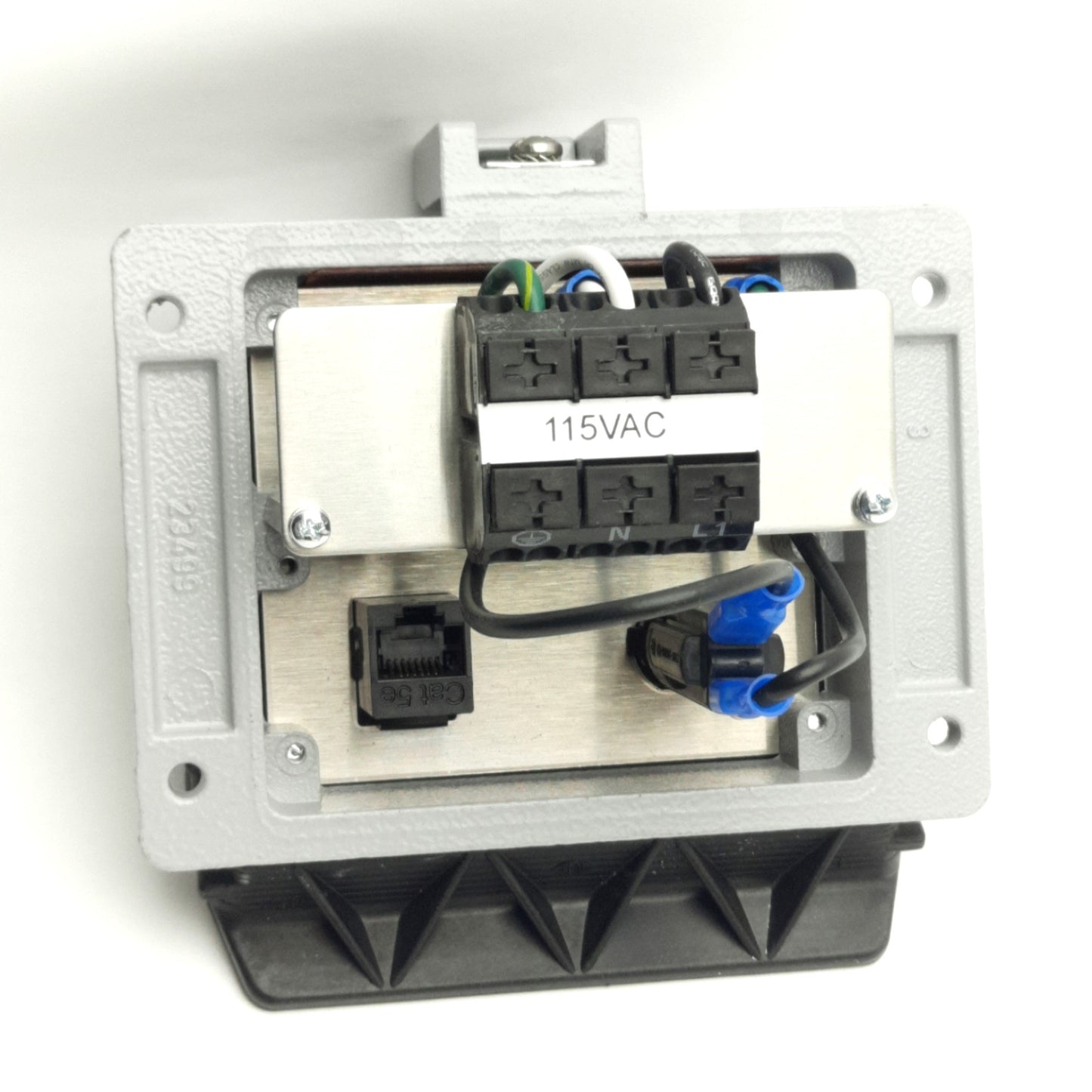 Used Mencom DP-RJ45-R-32 Panel Outlet, 120V Duplex, Size 32 Bulkhead, 3 Amp Reset