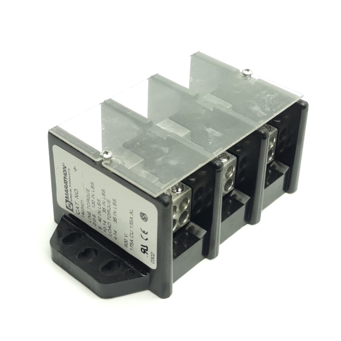 Used Marathon 1403401 Power Terminal Block, 3-Pole, 600V 175A, 5½ x 2⅞ x 2⅛"