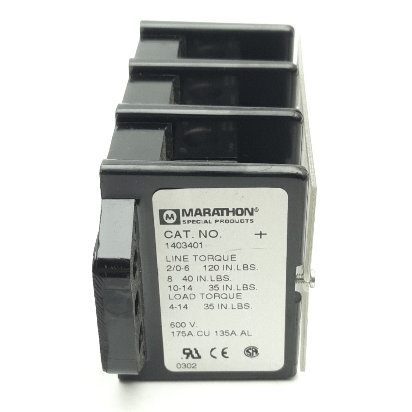 Used Marathon 1403401 Power Terminal Block, 3-Pole, 600V 175A, 5½ x 2⅞ x 2⅛"
