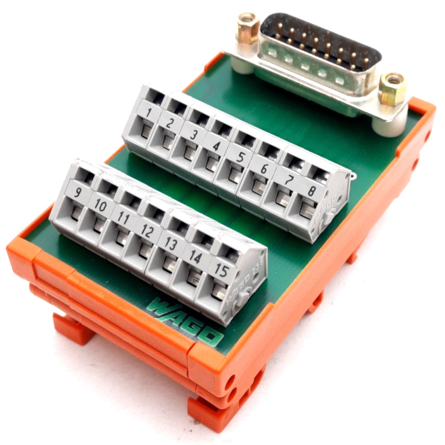 Used Wago 50036743 Breakout Board 15-Position Terminals D-Sub 15-Pin Male DIN Rail