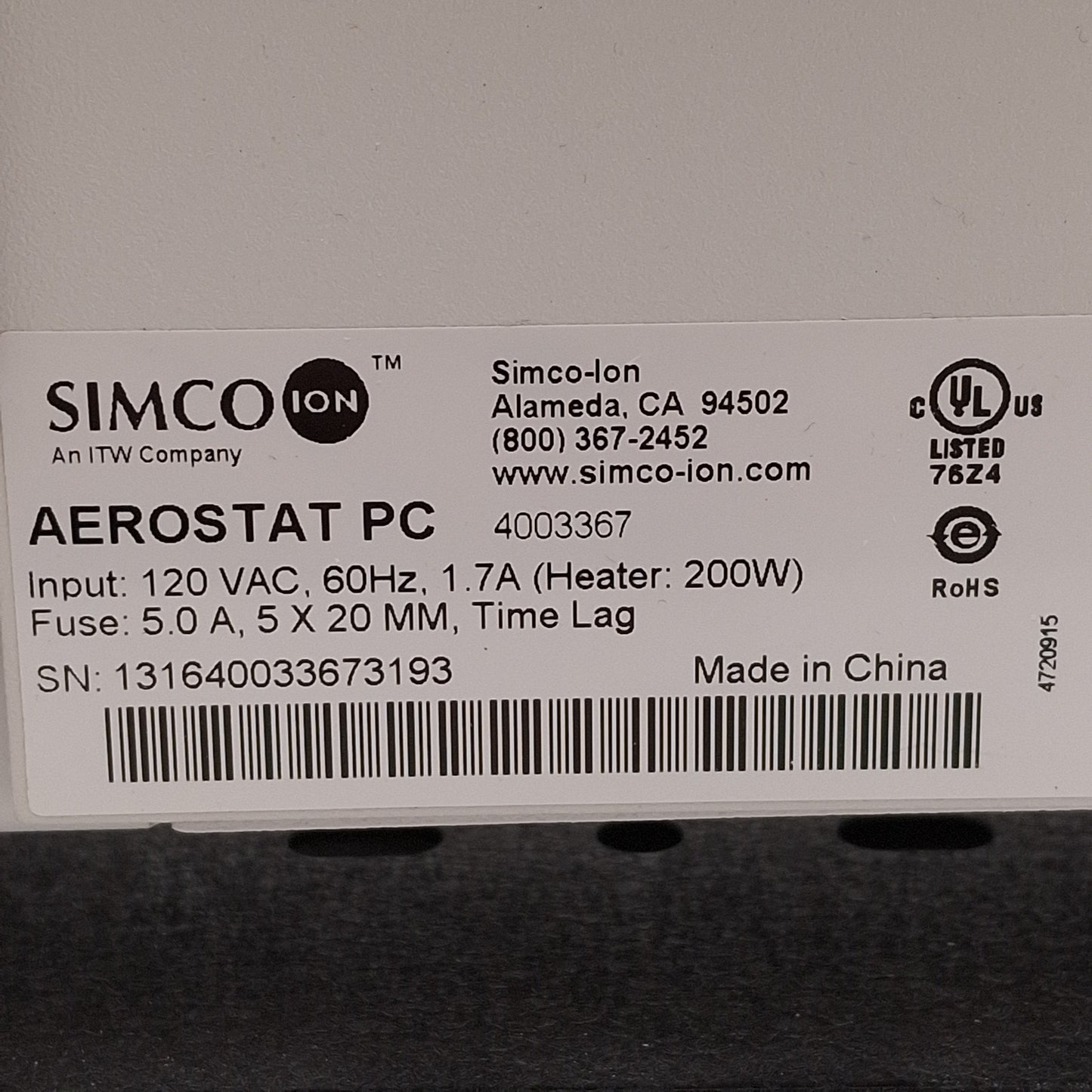Used Simco 4003367 Aerostat PC Air Ionizer & Heater, 200W Heater, 35-70cfm, 120VAC