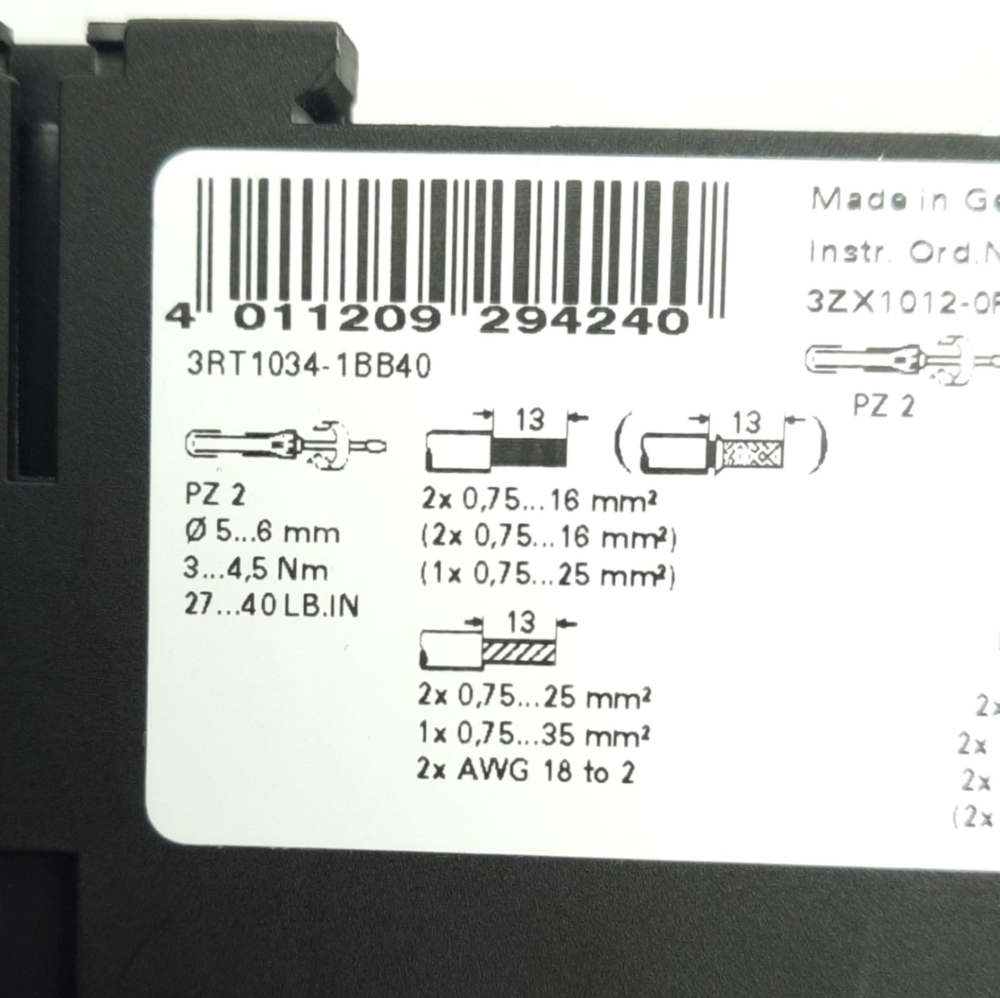 Used Siemens 3RT1304-1BB40 Contactor, 3-Poles, 32A 600V, DIN Rail Mount, 24V DC Coil