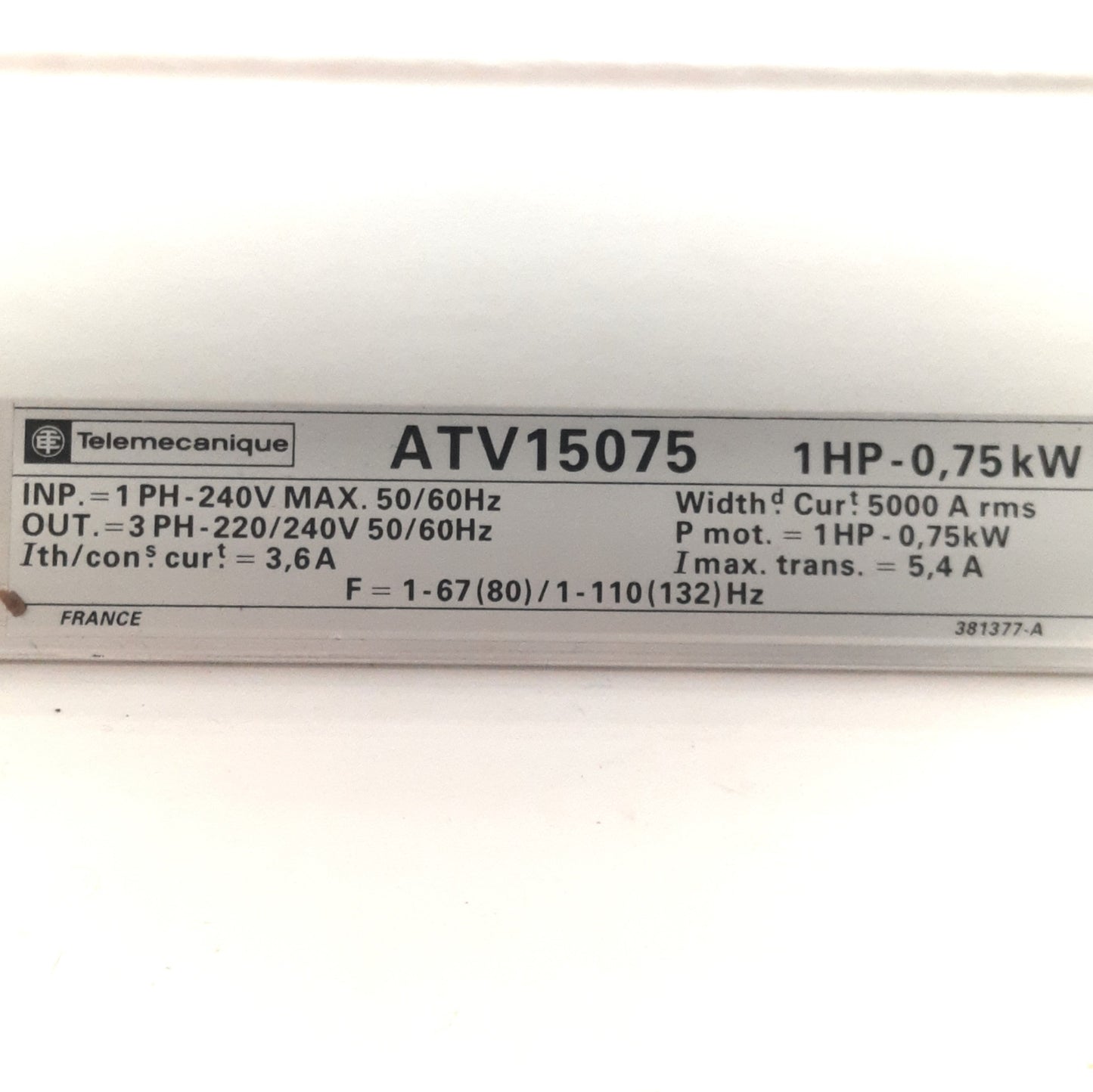 Used Telemecanique ATV15075 ALTIVAR 5 AC Motor Drive 1HP 1PH 240VAC 5.4A to 3PH