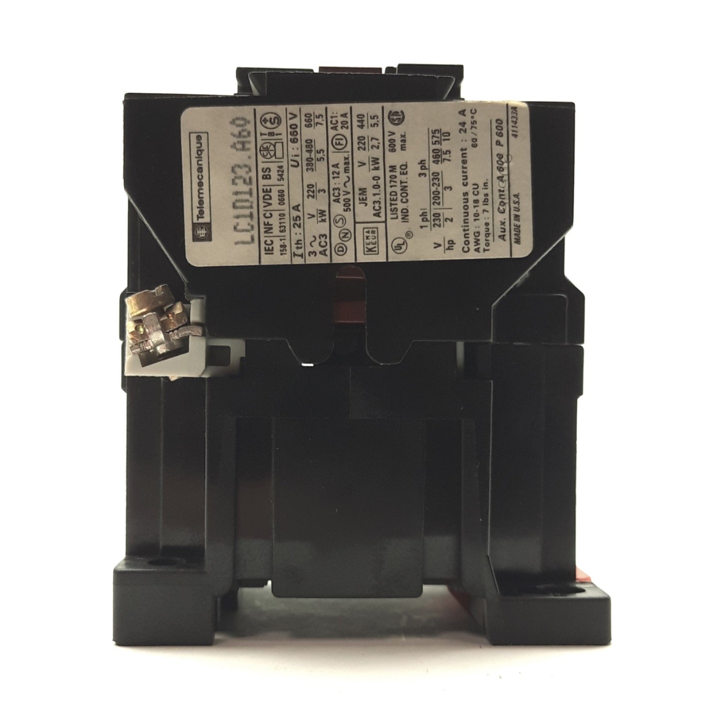 Used Telemecanique LC1D123.A60 Contactor, 3-Pole NO Aux, 25A 660V, 115VAC Coil