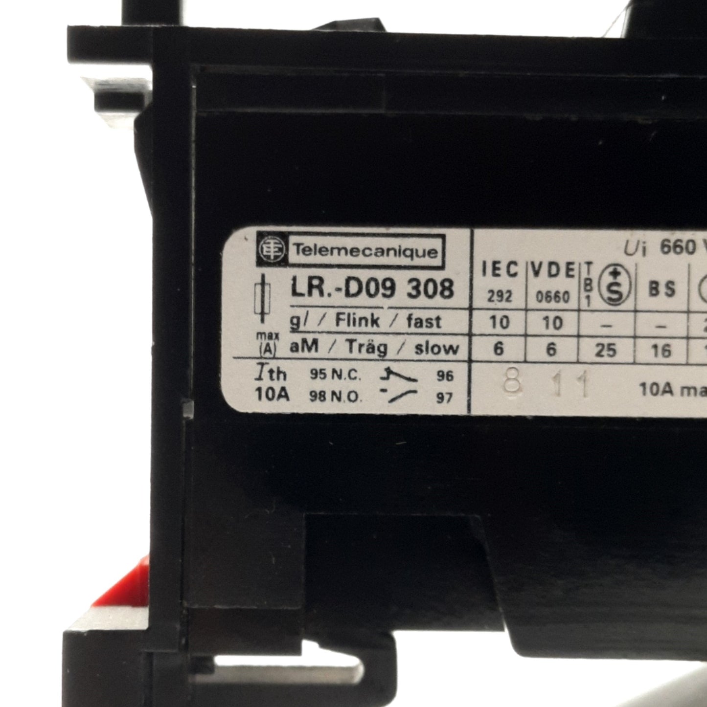 Used Telemecanique LR-D09 308, Overload Relay, 3-Pole, 2.5-4A NO/NC Trip, 10A 660V