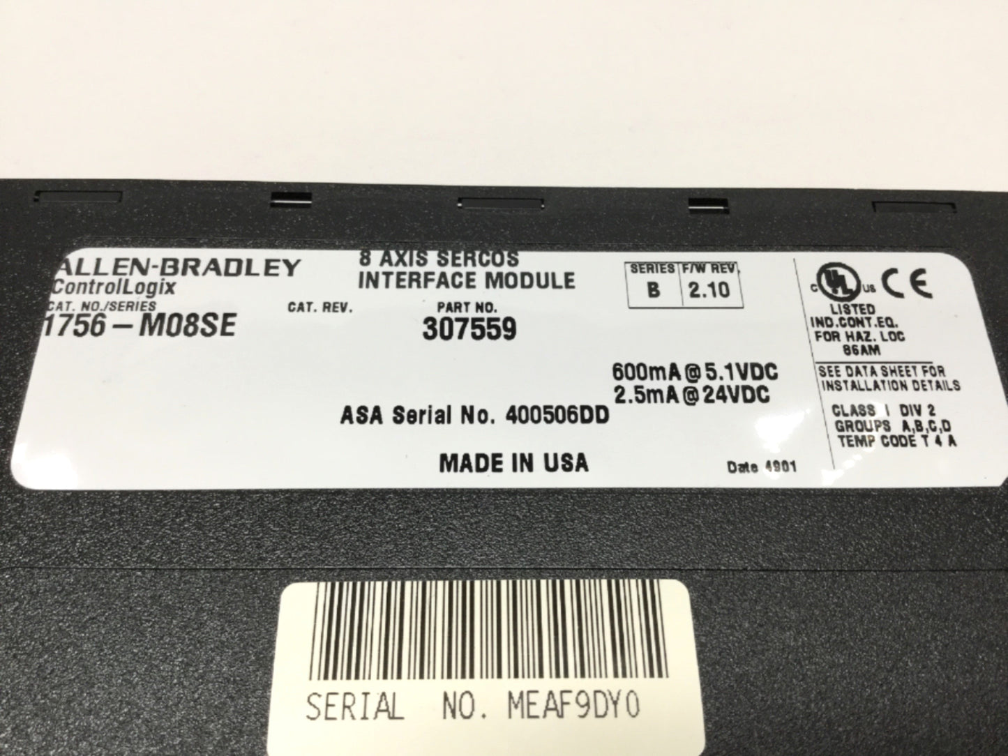 Used Allen Bradley 1756-M08SE ControlLogix 8-Axis Sercos Interface Motion Module