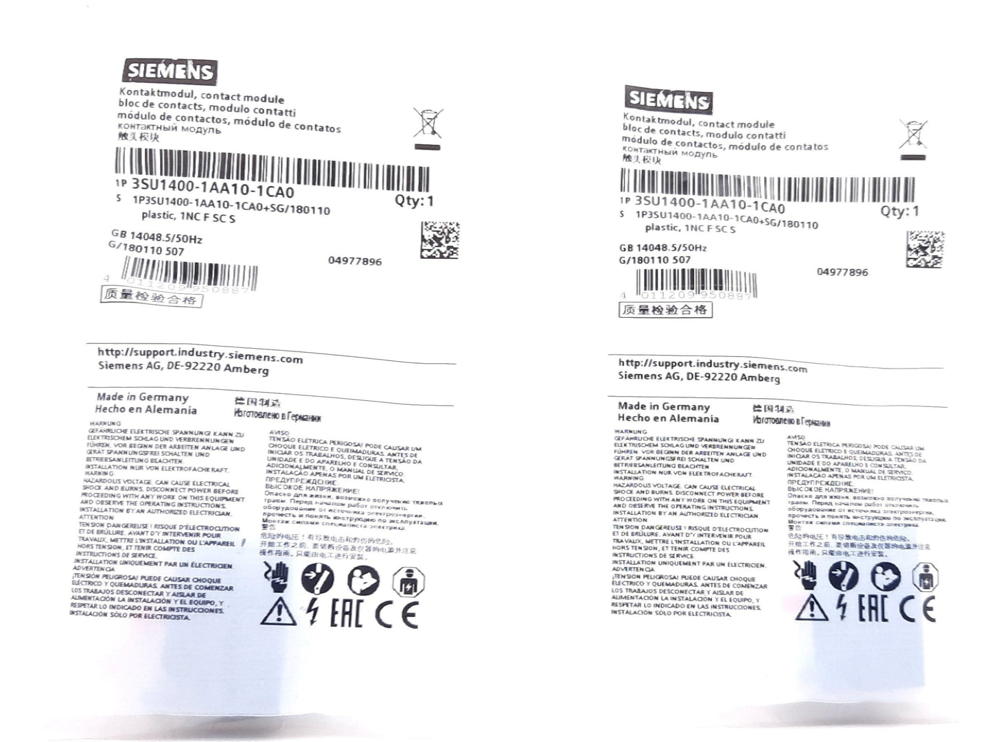 New Lot of 2 Siemens 3SU1400-1AA10-1CA0 Contact Block, SPST-NC, Screw Terminal 10A