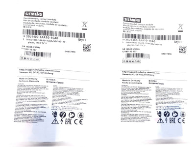 New Lot of 2 Siemens 3SU1400-1AA10-1CA0 Contact Block, SPST-NC, Screw Terminal 10A
