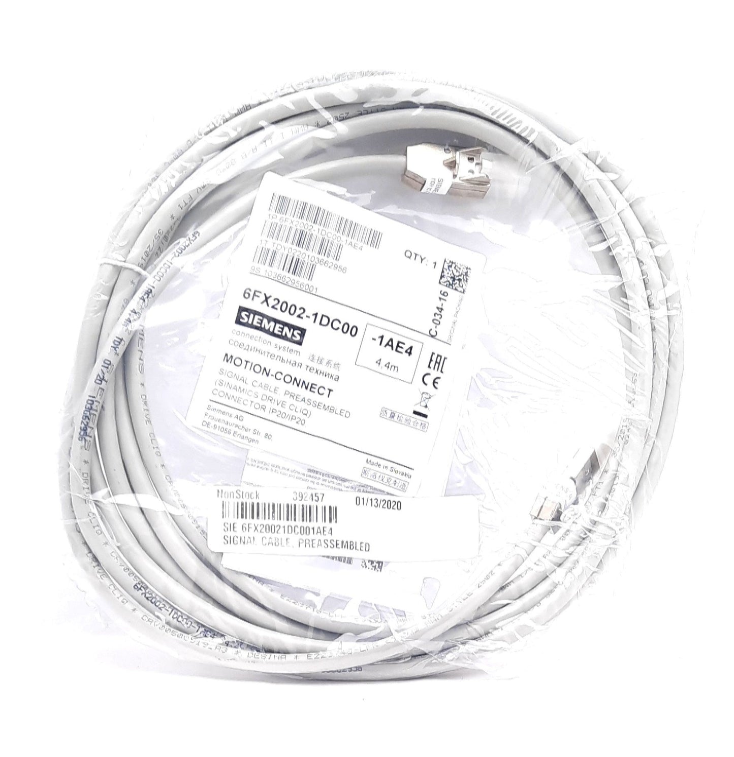 New Siemens 6FX2002-1DC00-1AE4 DRIVE-CLiQ Signal Cable RJ45 (x2), 4m Length, w/o 24V