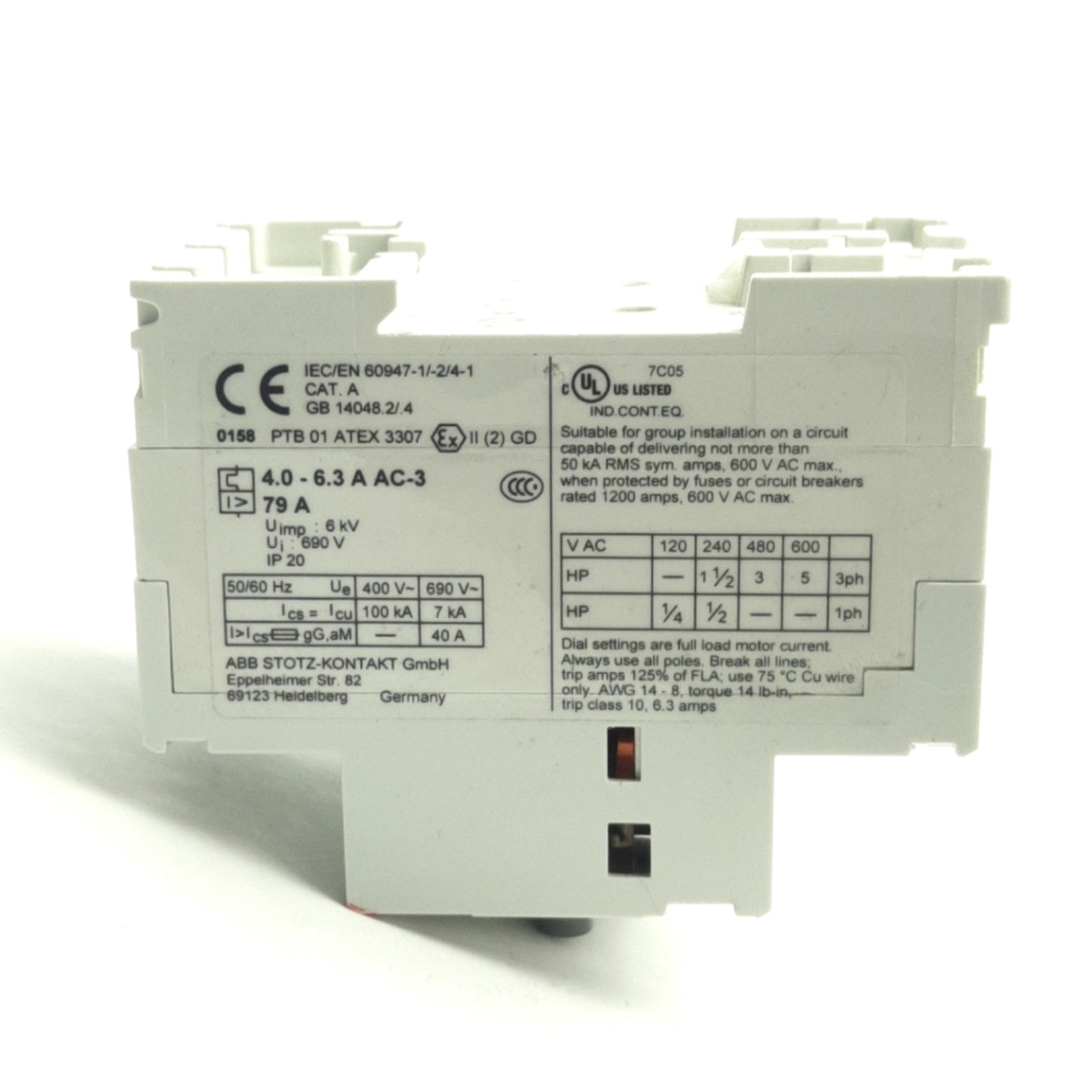 Used ABB MS325-6.3 Manual Motor Starter 690VAC/440VDC 4-6.3A, 3-Poles, DIN Rail Mount