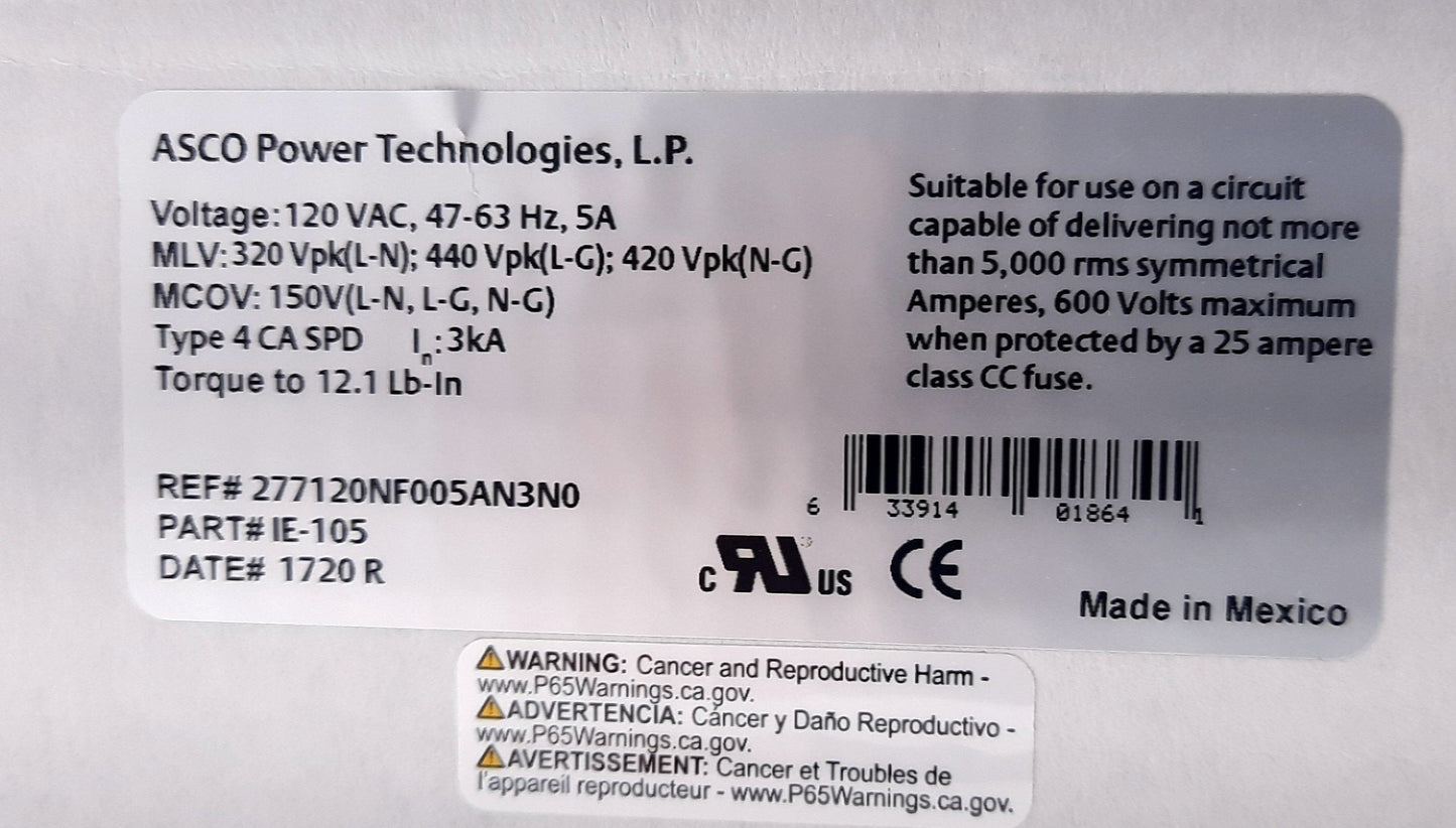 New – Open box ASCO IE-105 200 Series AC Power Noise Filter 5A, 120VAC Single Phase