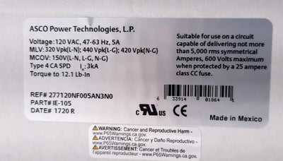 New – Open box ASCO IE-105 200 Series AC Power Noise Filter 5A, 120VAC Single Phase
