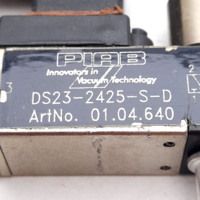 Used Piab DS23-2425-S-D Solenoid Valve, 3/2 NO, 24VDC, 29-87psi ø1/4in & M5 Ports