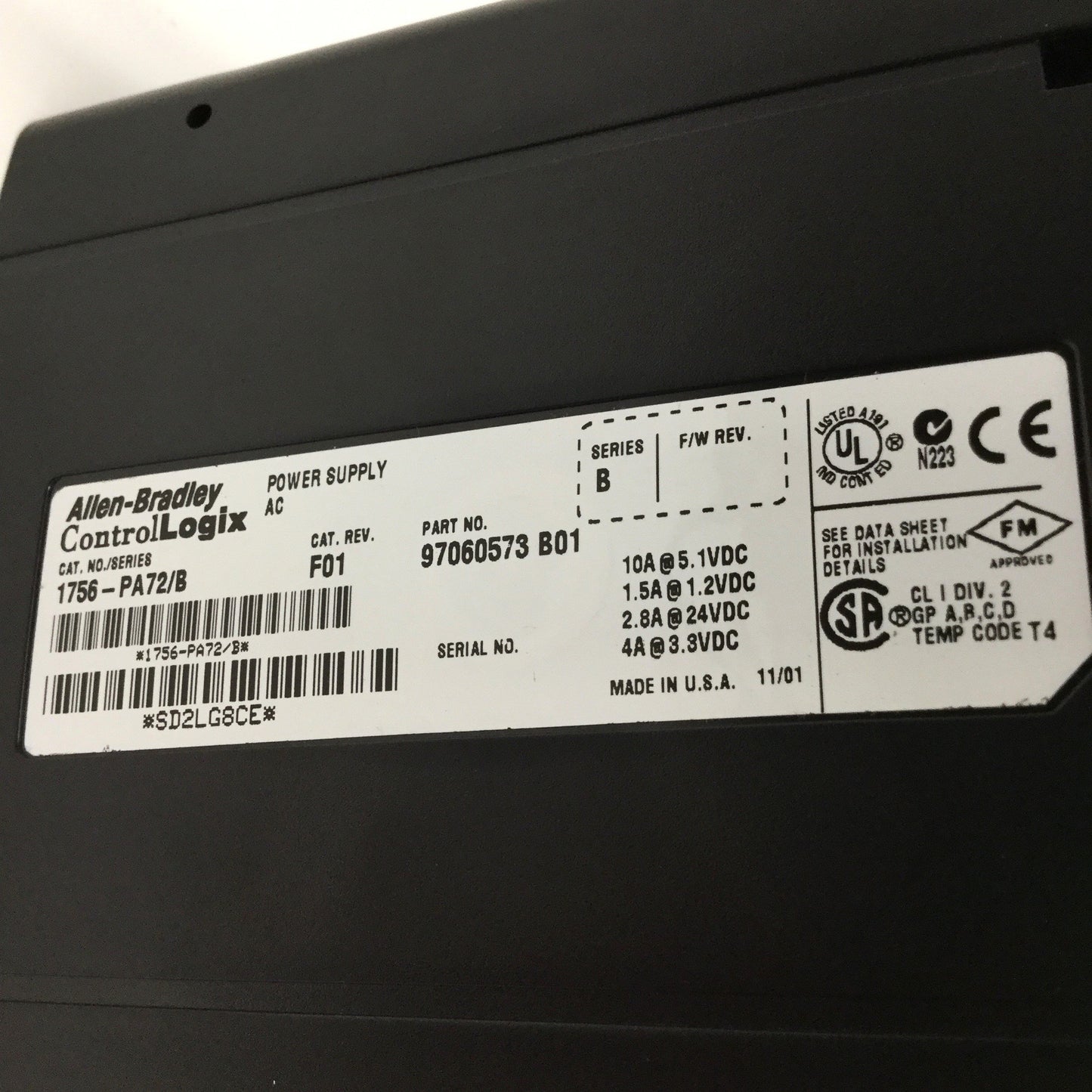 Used Allen Bradley 1756-PA72/B ControlLogix PLC Power Supply w/ 10-Slot Rack Chassis