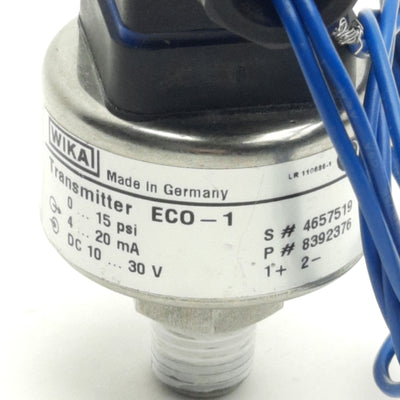 Wika ECO-1 Pressure Transmitter 0-15Psi Range, 4-20mA Output, 10-30VDC, 1/4"NPT
