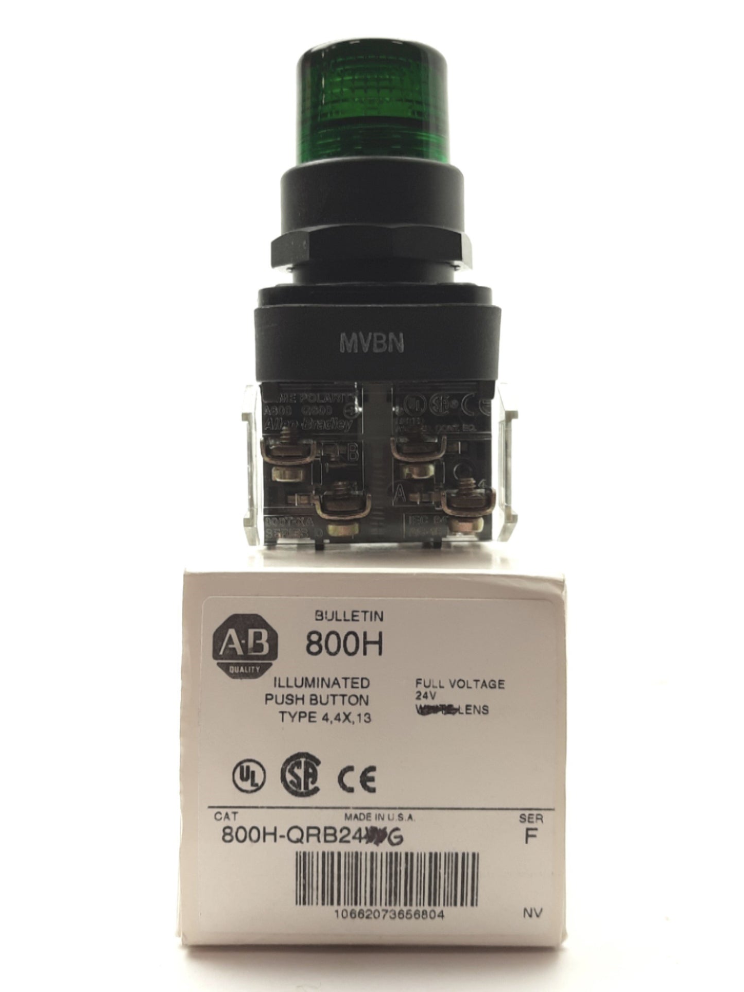 Used Allen Bradley 800H-QRB24G Illuminated Green Pushbutton DPST NO/NC 10A 24V 30.5mm