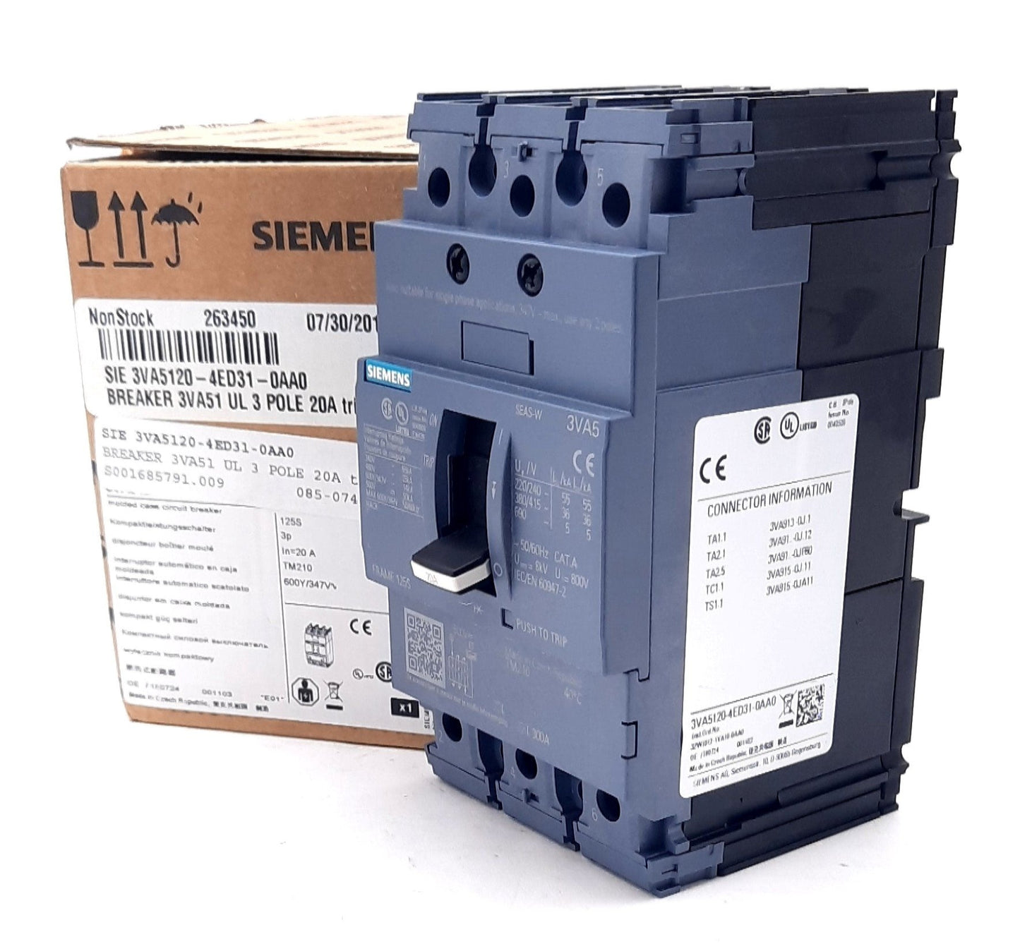 New Siemens 3VA5120-4ED31-0AA0 Circuit Protection, Circuit Breaker 690VAC, 20A
