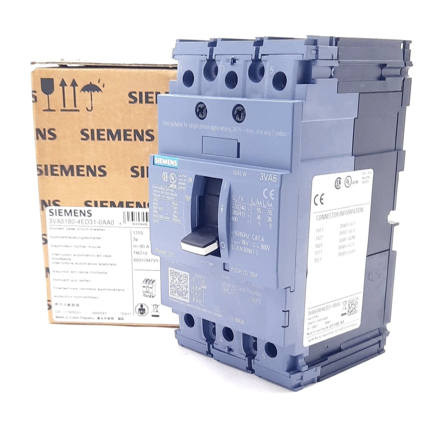 New Siemens 3VA5180-4ED31-0AA0 Circuit Protection Circuit Breaker 690VAC, 80A
