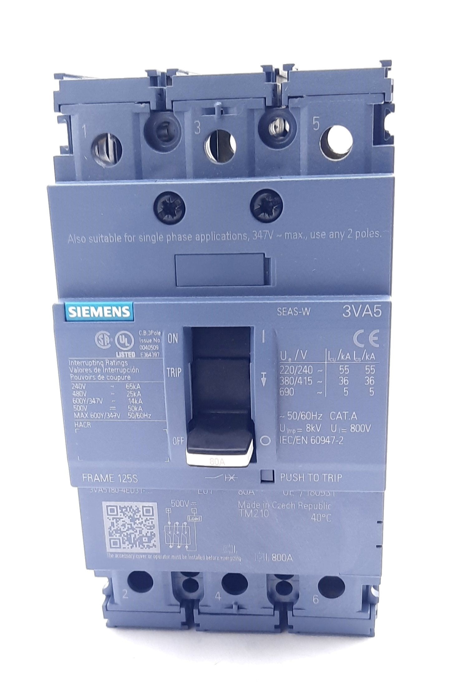 New Siemens 3VA5180-4ED31-0AA0 Circuit Protection Circuit Breaker 690VAC, 80A