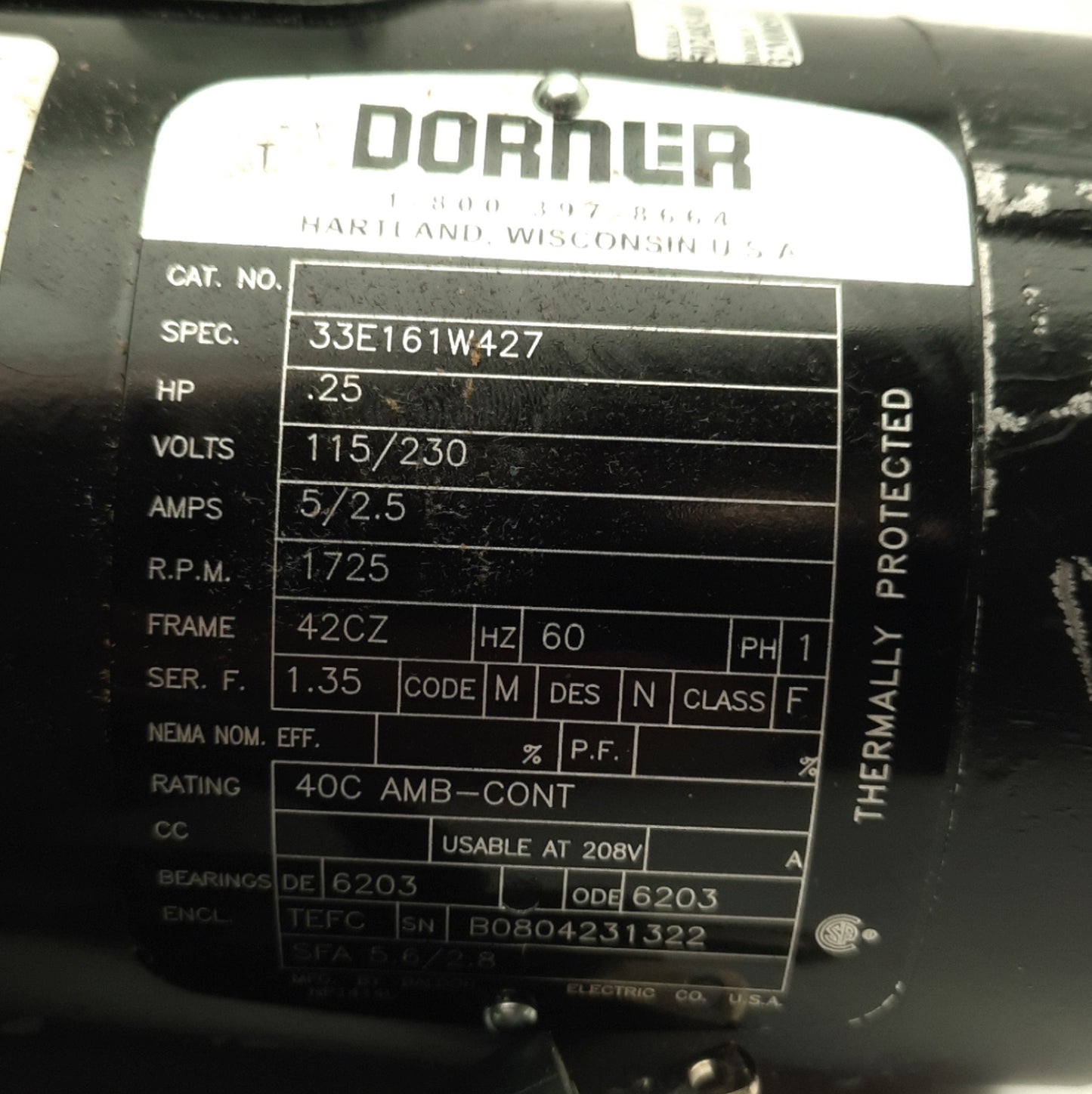 Used Dorner 32M005HL411FN Conveyor Motor, 1/4HP, 115/230VAC, 1725RPM, 42CZ Frame