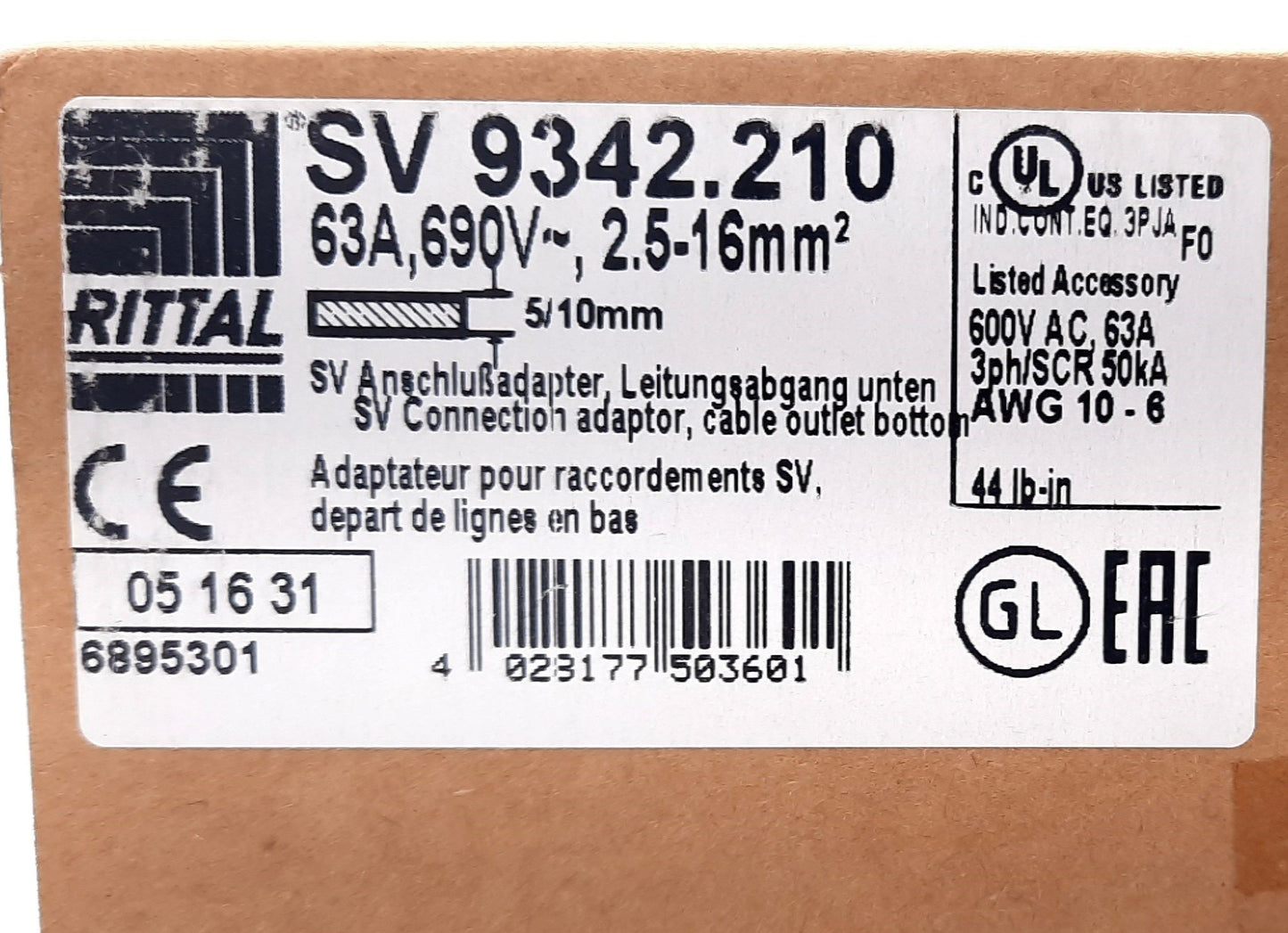 New Rittal SV 9342.210 Connection Adapter 3 Pole 690VAC, 63A 215mm H x 20mm W