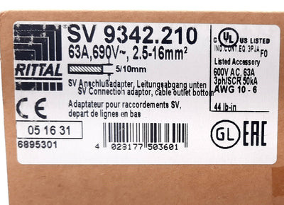 New Rittal SV 9342.210 Connection Adapter 3 Pole 690VAC, 63A 215mm H x 20mm W