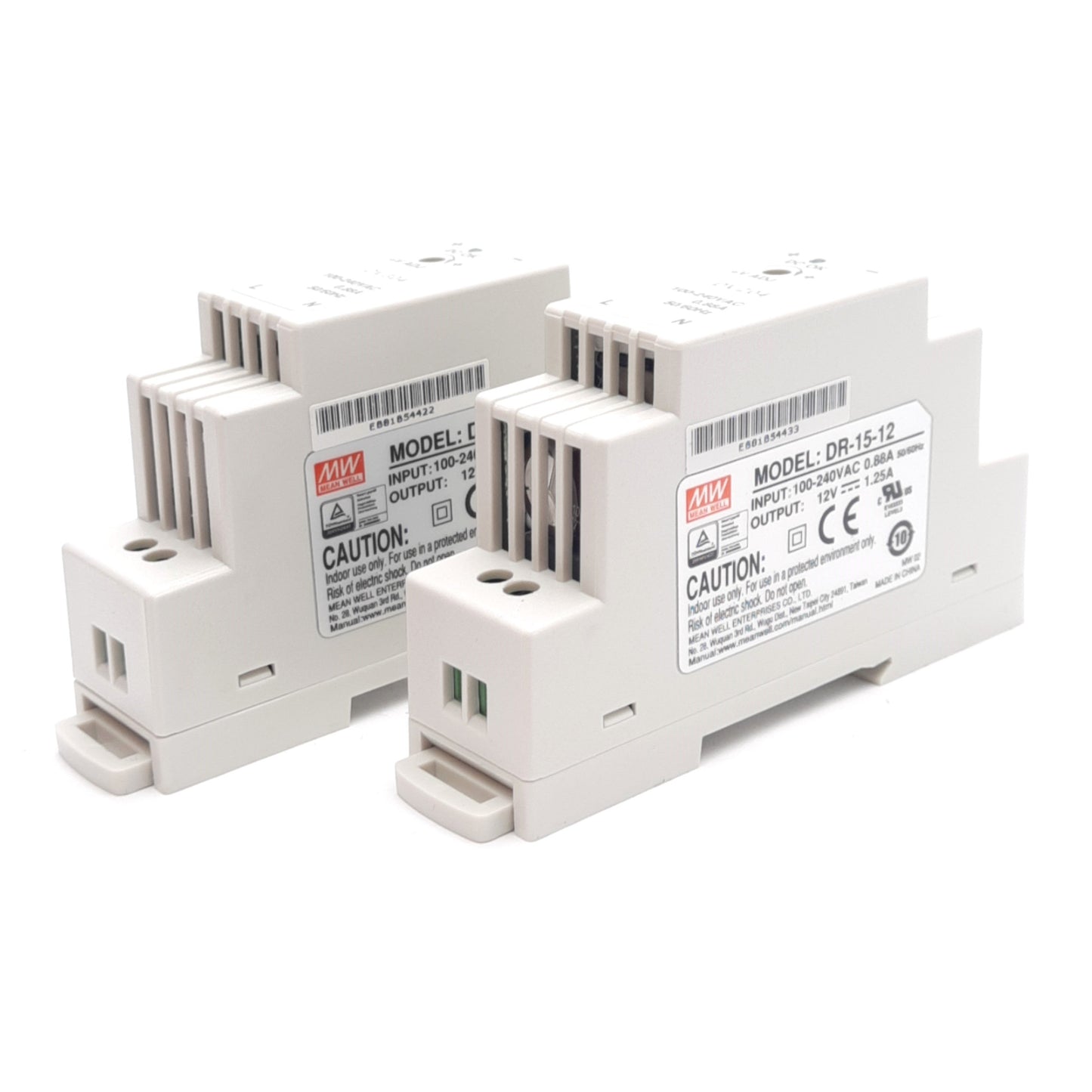 Used Lot of 2 Mean Well DR-15-12 Single Output Power Supply, 100-240VAC IN, 12VDC OUT