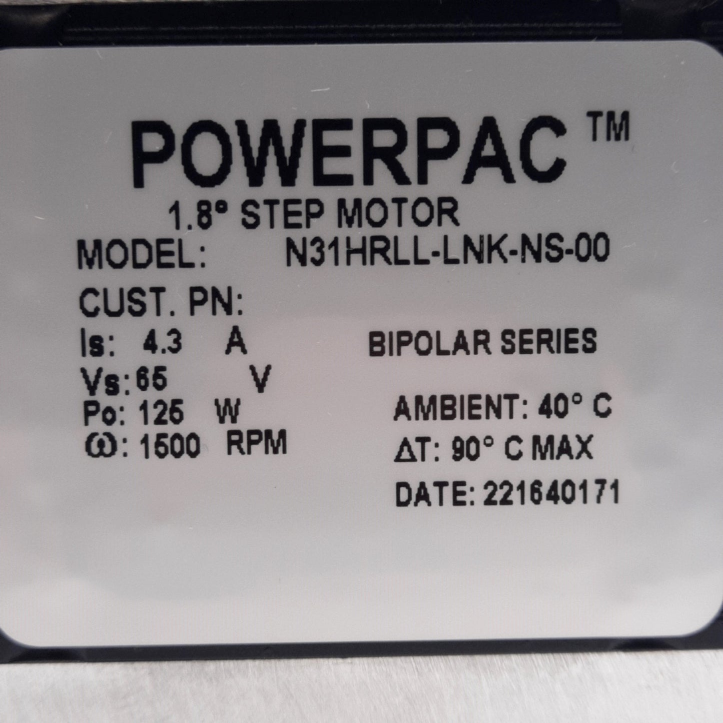 Used Kollmorgen N31HRLL-LNK-NS-00 Step Motor, 1.8°, 65VDC 4.3A 125W, 1500RPM, NEMA 34