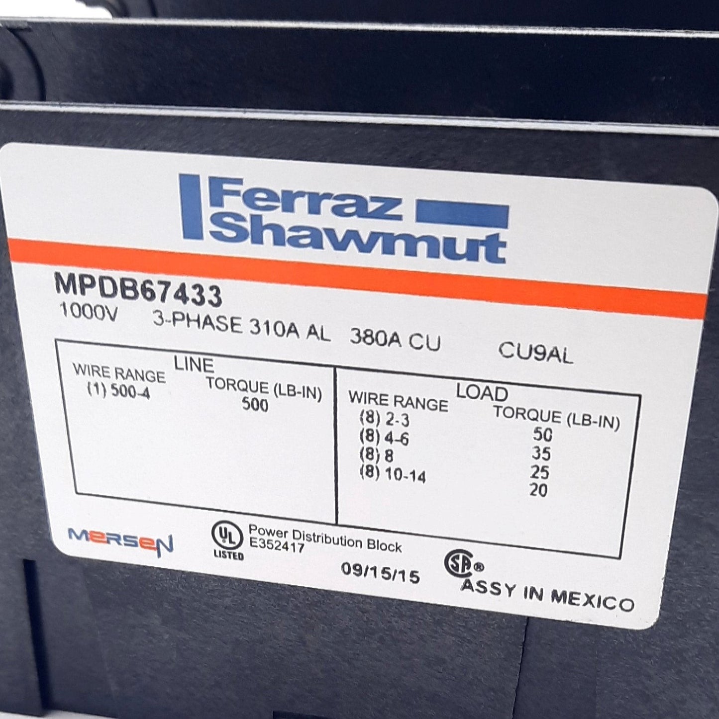 Used Ferraz Shawmut MPDB67433 Power Distribution Blocks 3 Pole, 600VAC, 380A 2-14AWG