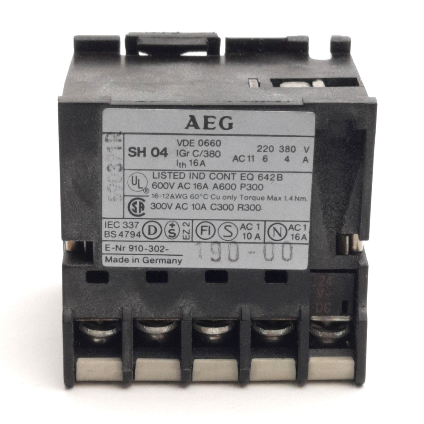 Used AEG SH04 13E Mini Contactor Relay, 4-Pole, Coil: 24VDC, Contact: 600VAC 16A