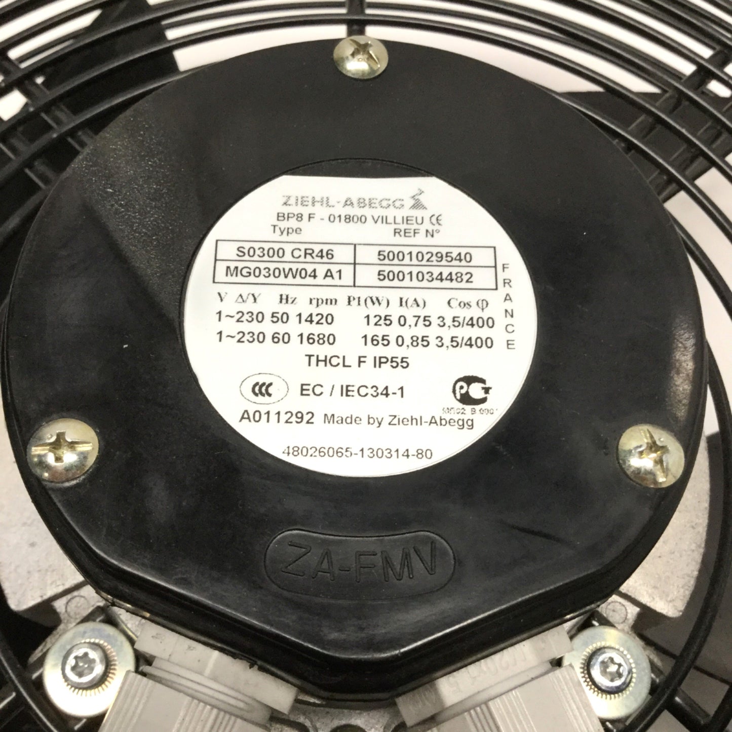 Used Ziehl Abegg S0300 CR46 MG030W04 A1 Axial Fan Ø300mm 1680RPM, 230VAC 1PH, 1000CFM