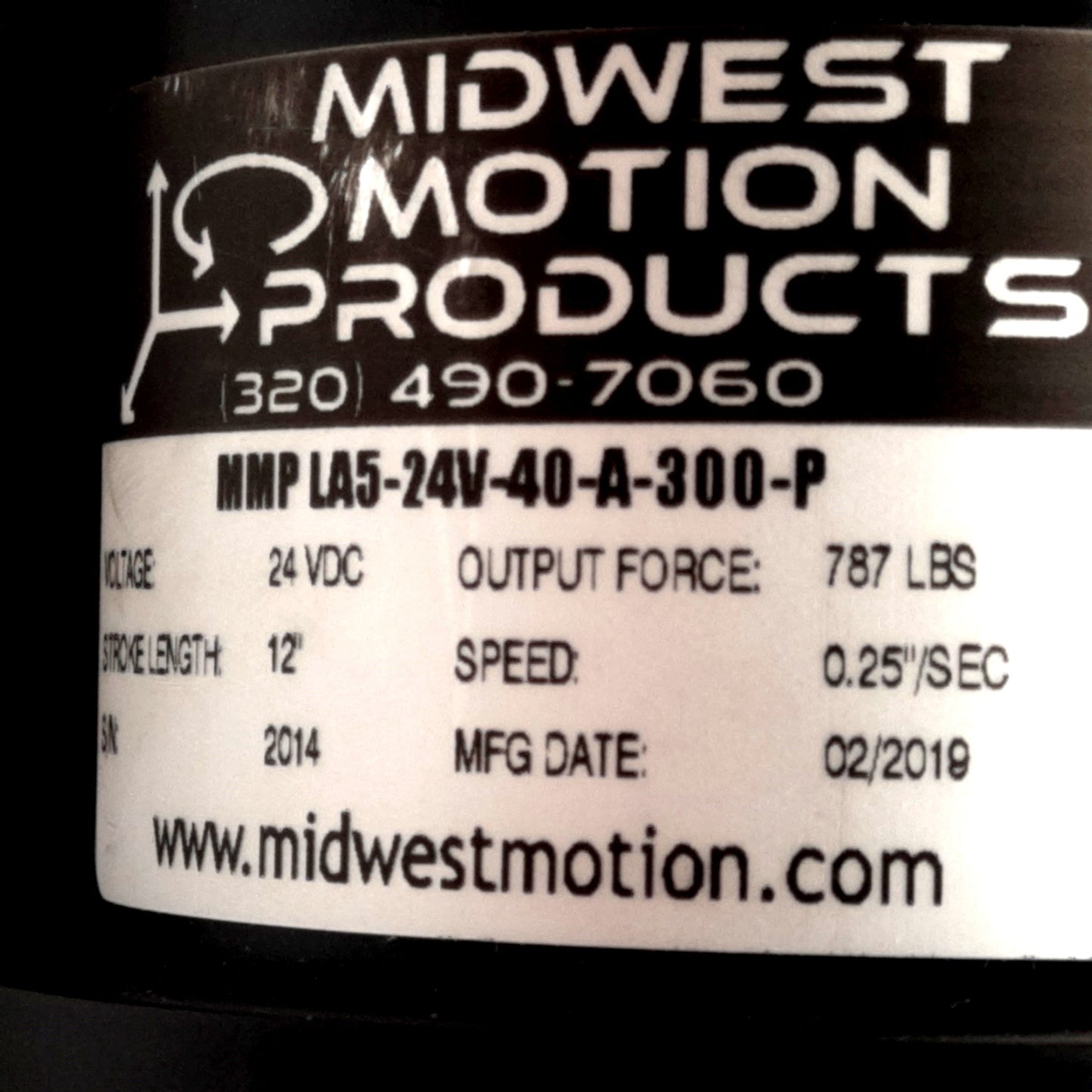 Used MMP LA5-24V-40-A-300-P Linear Actuator 40:1, 12in Stroke, 787lbs Force, 24VDC