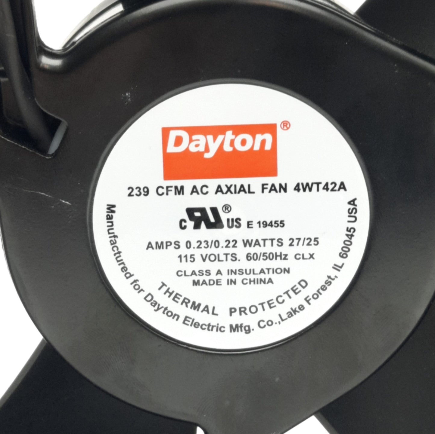 Used Dayton 4WT42A Axial Fan, 239 CFM, 120VAC 50/60Hz 0.23/0.22A, 3200 RPM