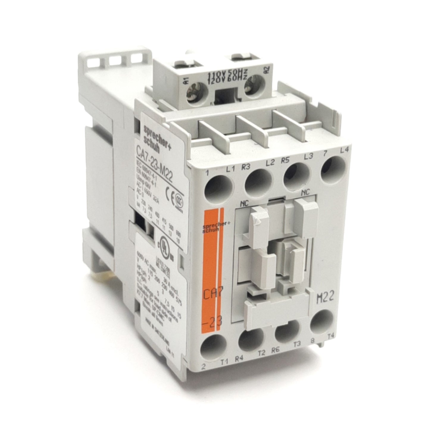 Used Sprecher+Schuh CA7-23-M22 Motor Contactor, 600VAC 30A, 3-Ph, 3-Poles, 120V Coil