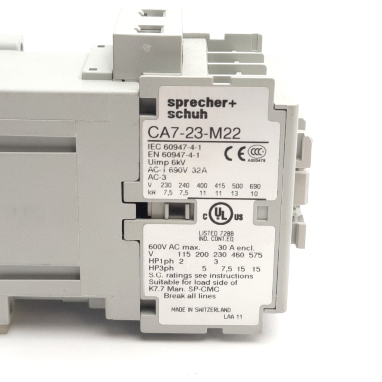 Used Sprecher+Schuh CA7-23-M22 Motor Contactor, 600VAC 30A, 3-Ph, 3-Poles, 120V Coil