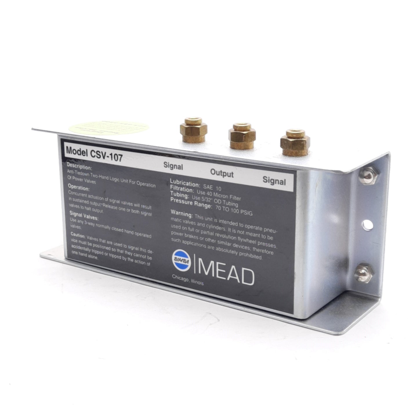 Used Mead CSV-107 Mechanical Air Control Valve 70-100psi, ø5/32in Push-to-Connect