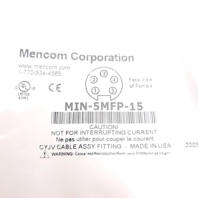New Mencom MIN-5MFP-15 Cordset Yellow PVC, 600V 8A, 5-Pole 7/8in Male & Female, 15ft