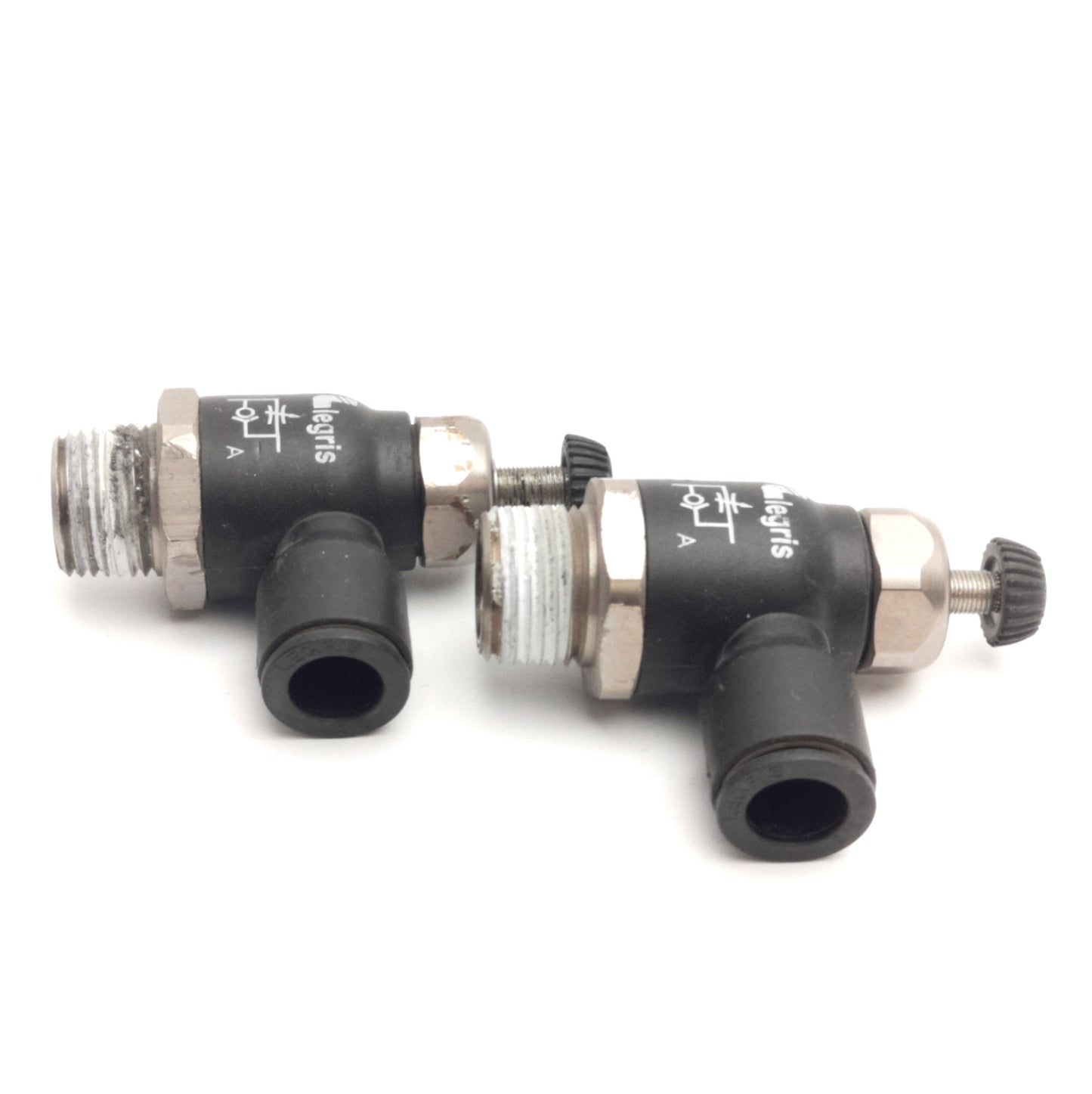 Used Lot of 2 Parker Legris 70656018 Flow Control Elbow 3/8" NPT to 3/8" OD P2C