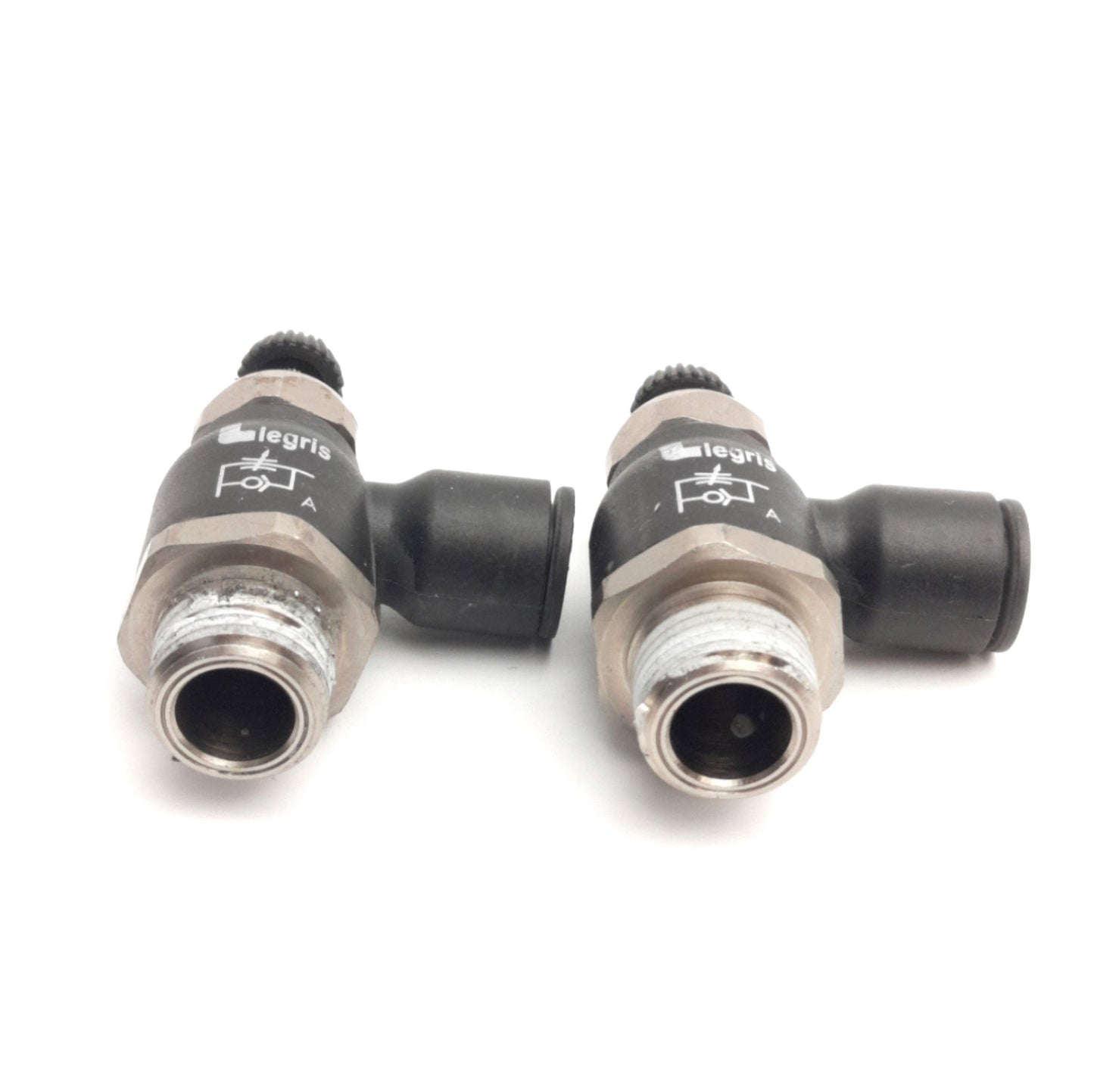 Used Lot of 2 Parker Legris 70656018 Flow Control Elbow 3/8" NPT to 3/8" OD P2C