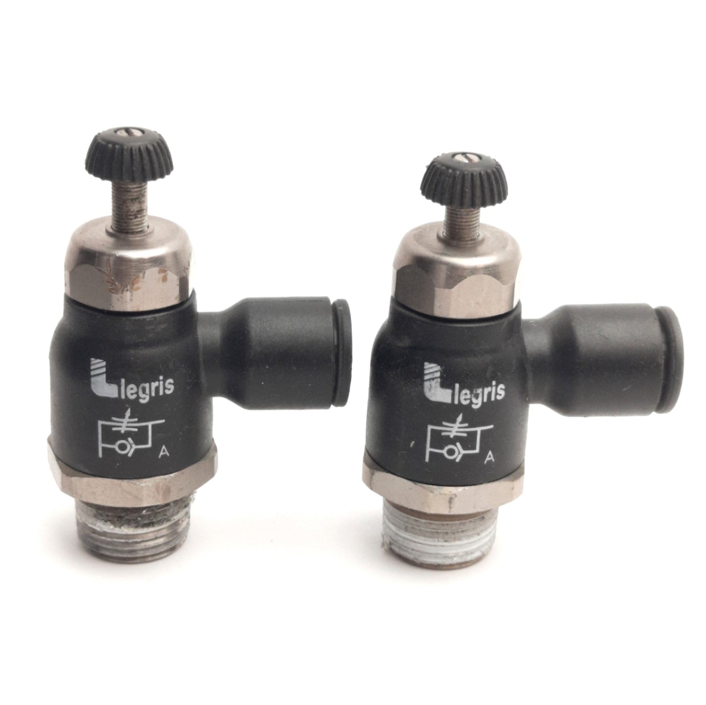 Used Lot of 2 Parker Legris 70656018 Flow Control Elbow 3/8" NPT to 3/8" OD P2C