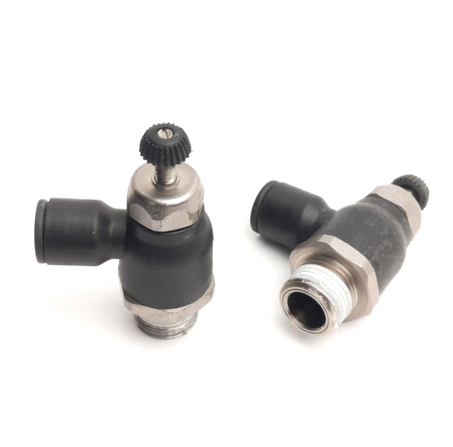 Used Lot of 2 Parker Legris 70656018 Flow Control Elbow 3/8" NPT to 3/8" OD P2C