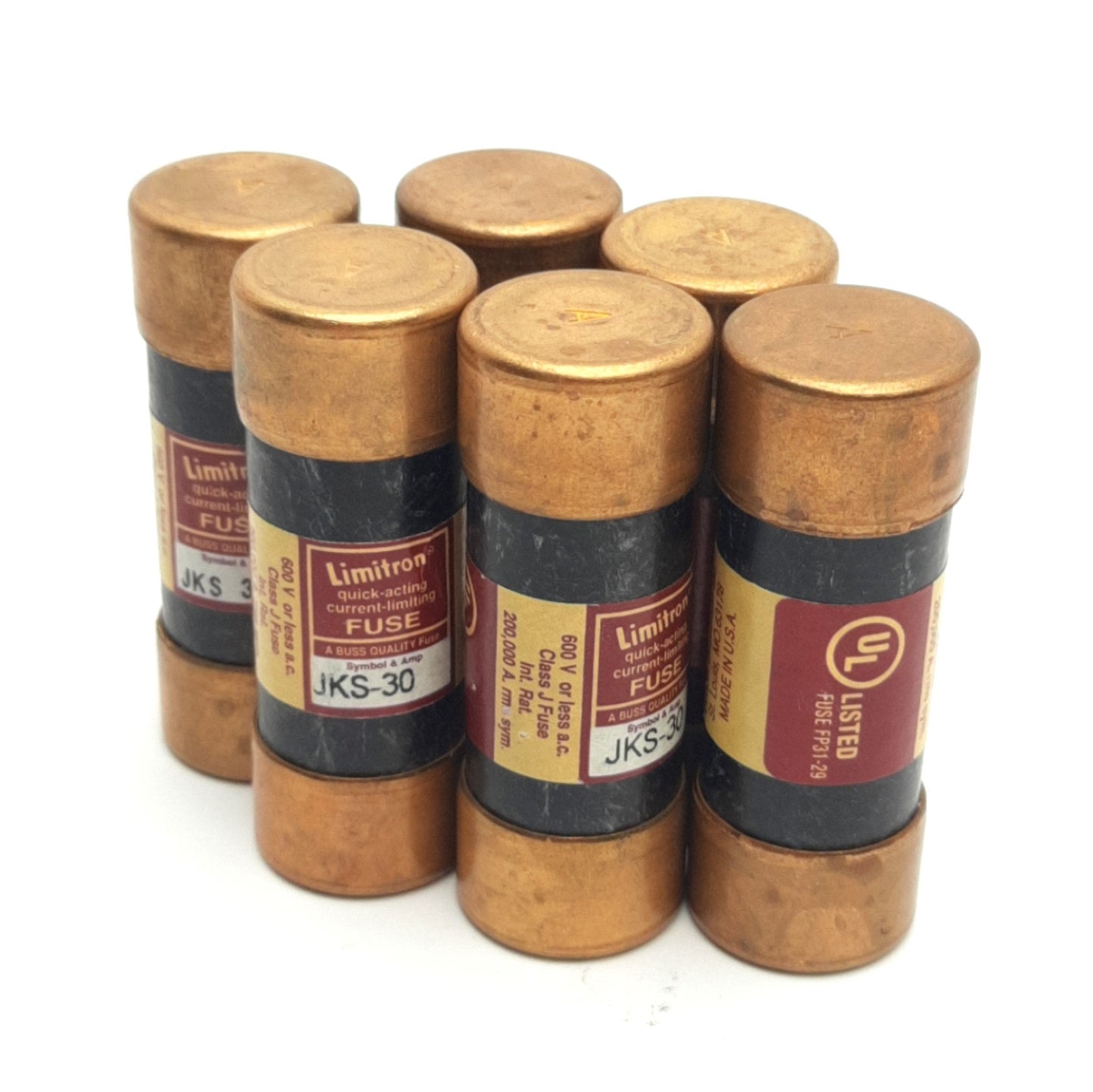 Used Lot of 6 Limitron JKS30 Quick Acting Fuses, 30 Amp 600VAC/200VDC Rating, Class:J