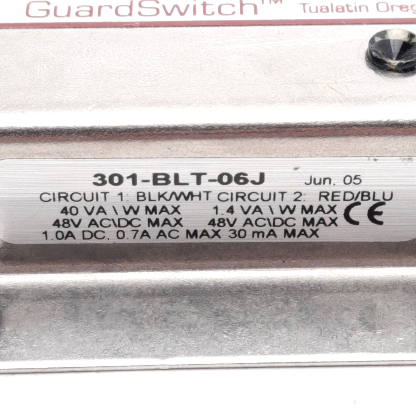 Used Sentrol 301-BLT-06J Safety Interlock Switch, DPST 1NO 1NC, 0.3-0.6in, 48V