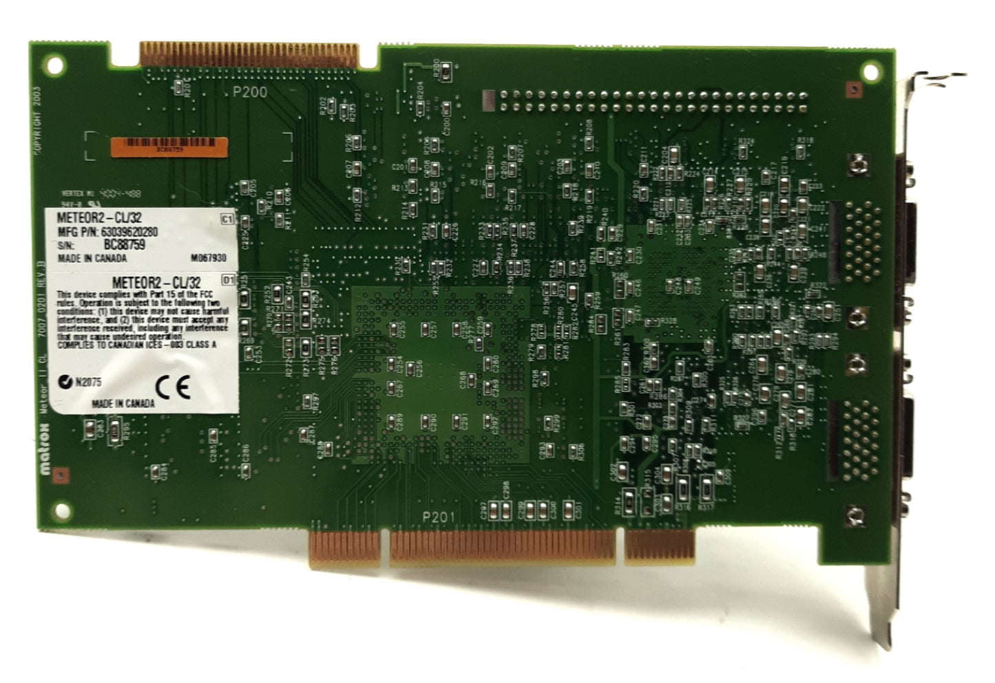Used Matrox METEOR2-CL/32 Frame Grabber Card PCI 50MHz 2x Camera Link w/I/O Expansion
