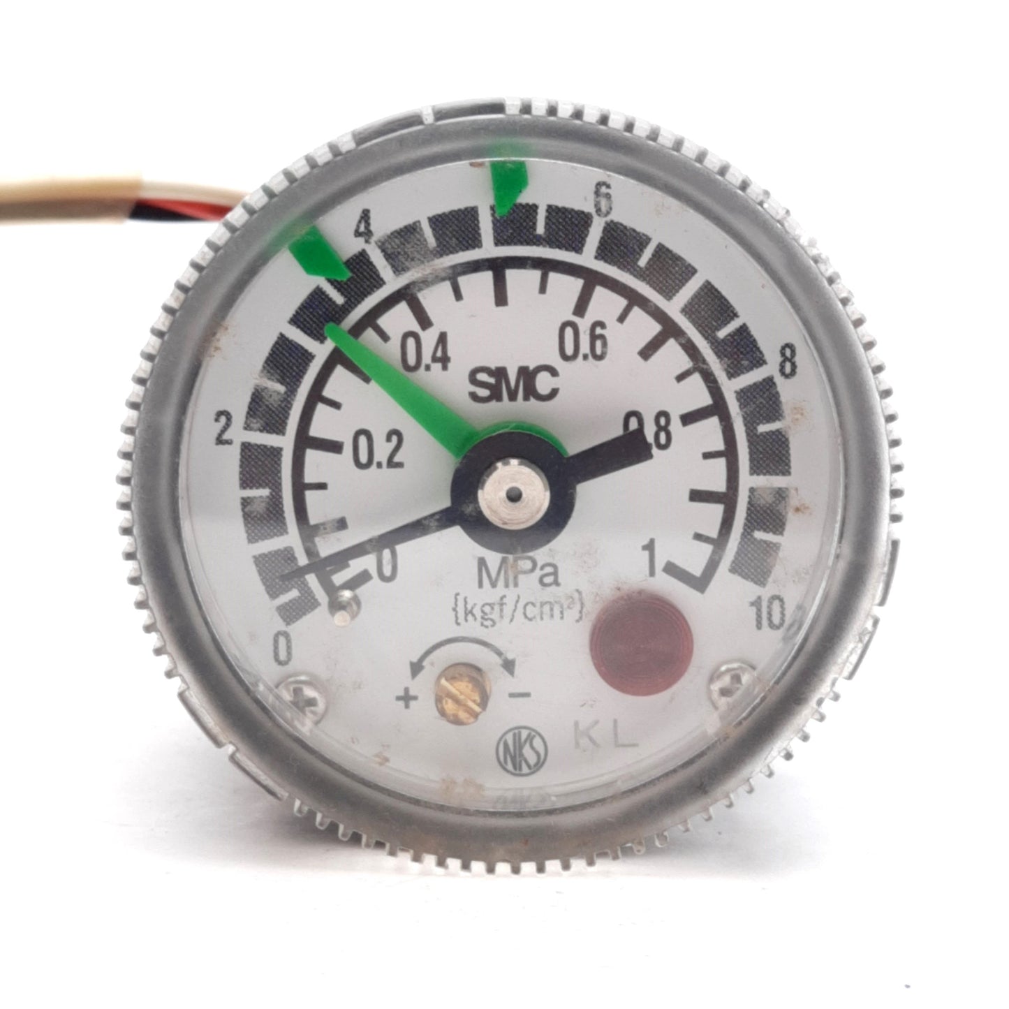 Used SMC GP46-10-02L5-X201 Pressure Gauge w/ Switch 0.1-0.8MPa Rc1/8 30VDC 0.3m Lead