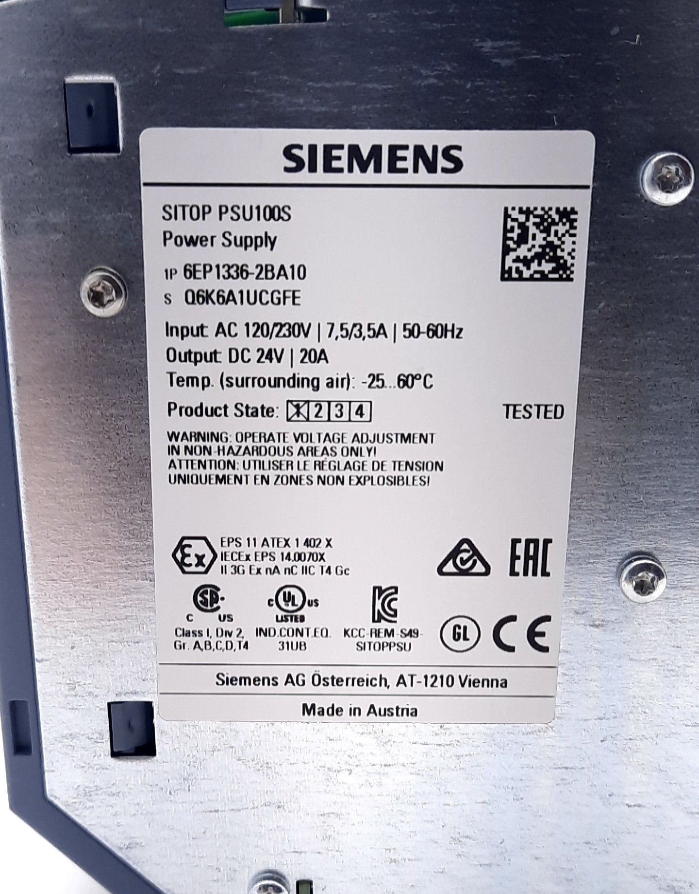New Siemens 6EP1336-2BA10 Power Supply DIN Rail 85-264VAC, 24VDC, 20A, 480W