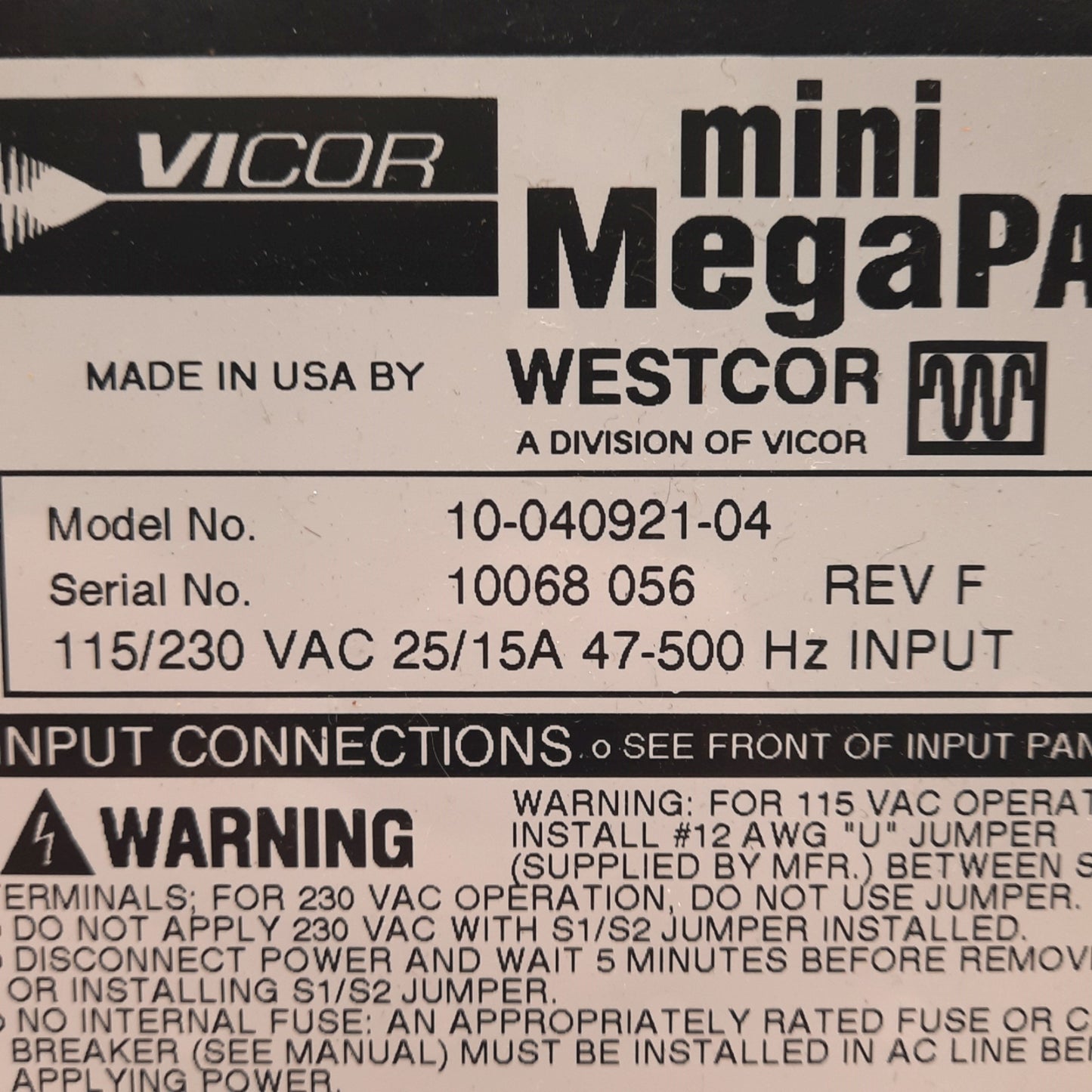 Used Vicor 10-040921-04 Mini MegaPAC AC-DC Switcher, 115-230VAC 25/15A Input, 1kW Out