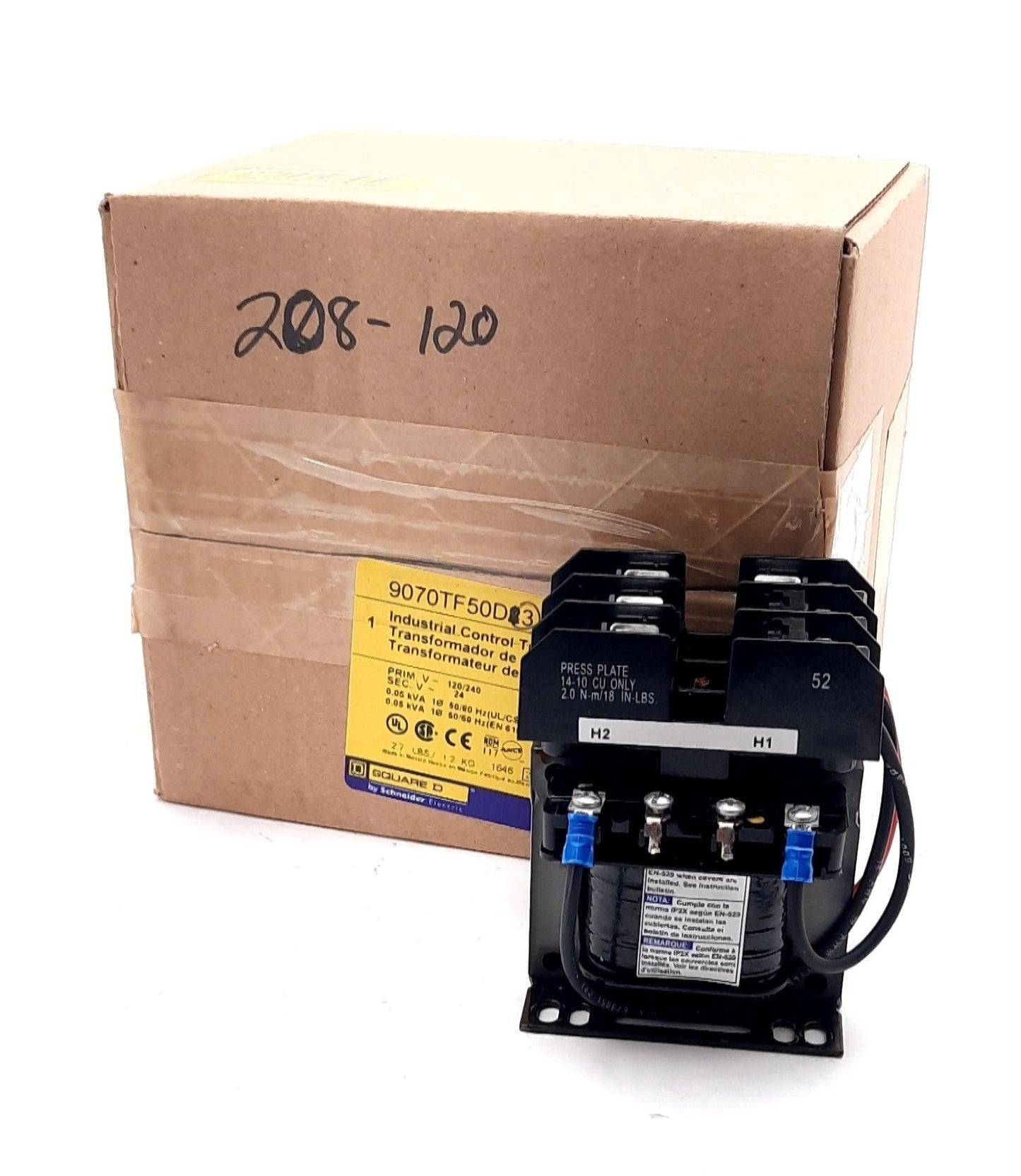 New Square D 9070TF50D3 Industrial Control Transformer 1 Phase, 208VAC, 120VAC, 50VA