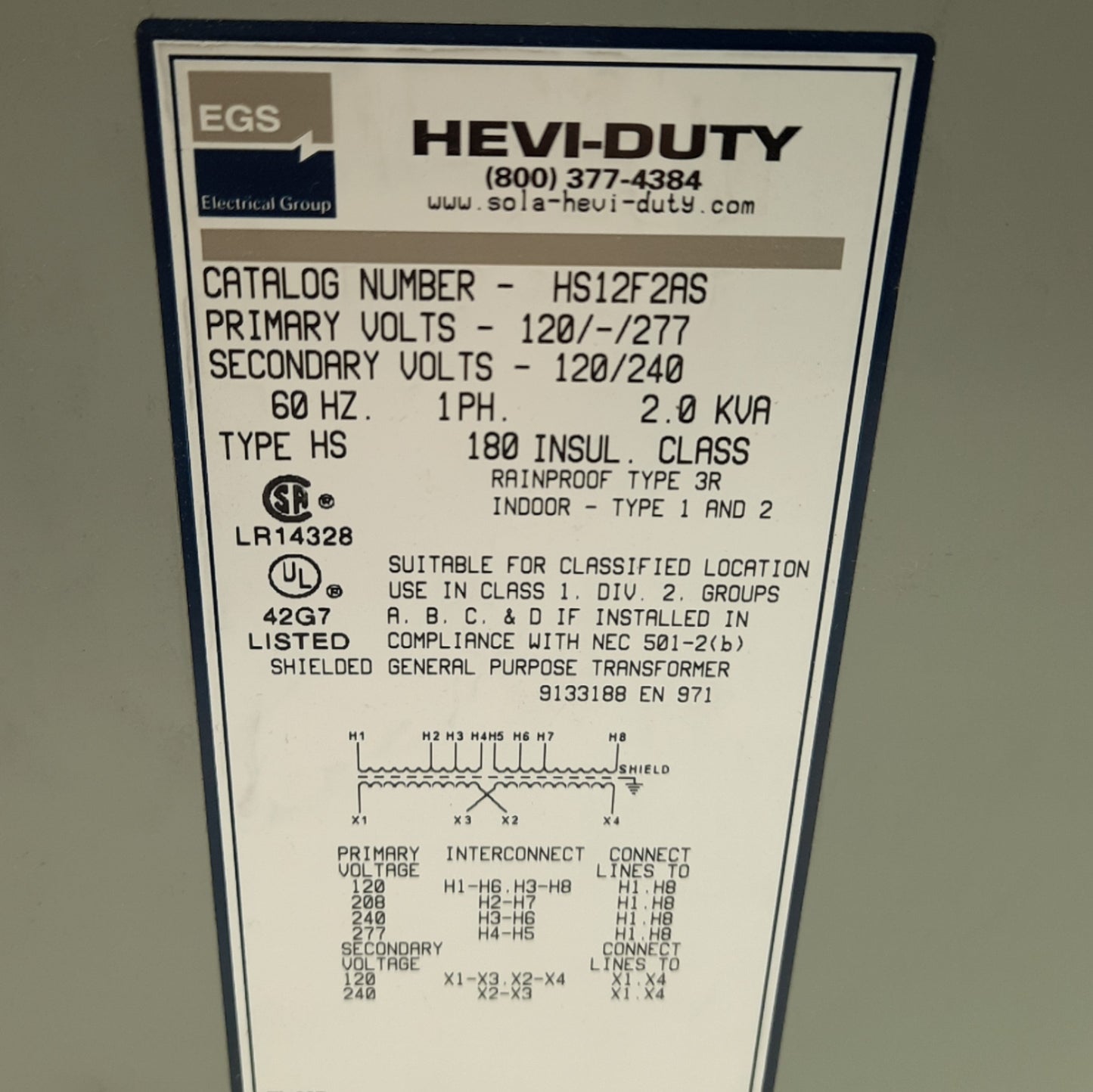 Used EGS Hevi Duty HS12F2AS Transformer, 120/277VAC Primary, 120/240VAC Secondary
